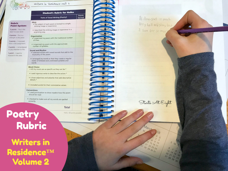 Easy to Implement Homeschool Writing Curriculum: A Writers in Residence™ Volume 2 Review from Starts At Eight. This homeschool writing curriculum offers a laid out schedule, easy grading rubrics, real life examples, step by step writing improvement techniques, and even work with English grammar skills.
