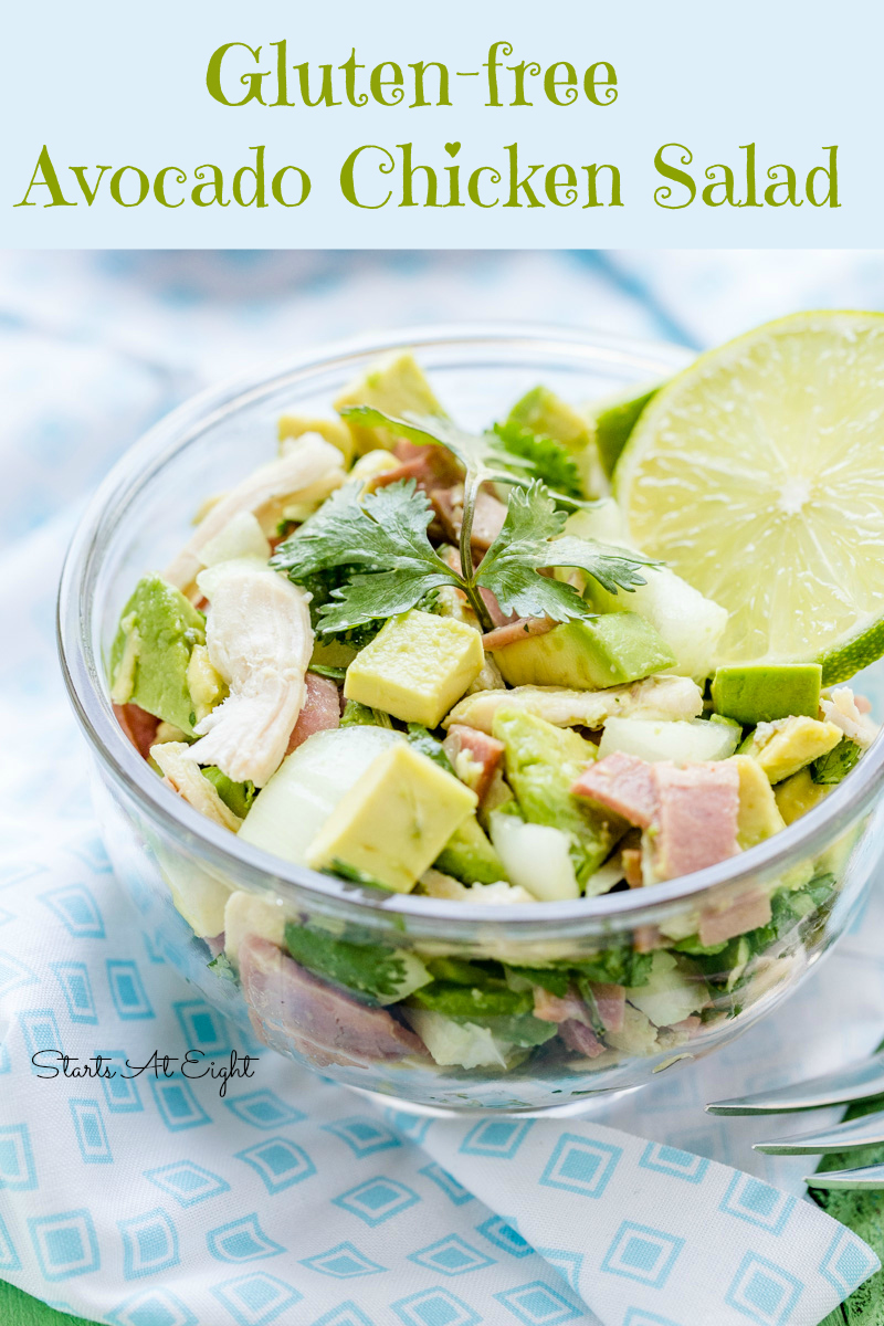 Gluten-free Avocado Chicken Salad from Starts At Eight. This Avocado Chicken Salad recipe is a modern twist on the classic summer staple and is packed with nutrition and flavor. It's also easy to make, gluten-free, grain-free, Paleo friendly and versatile!