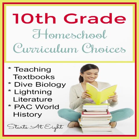 10th Grade Homeschool Curriculum Choices 2018- 2019 from Starts At Eight. These are our 10th Grade Homeschool Curriculum choice for our math loving, writing disliking teenage son. Everything is easy to implement, and not overly time consuming to keep him engaged and moving along! Includes things like Teaching Textbooks, Lightning Literature and Dive Science.