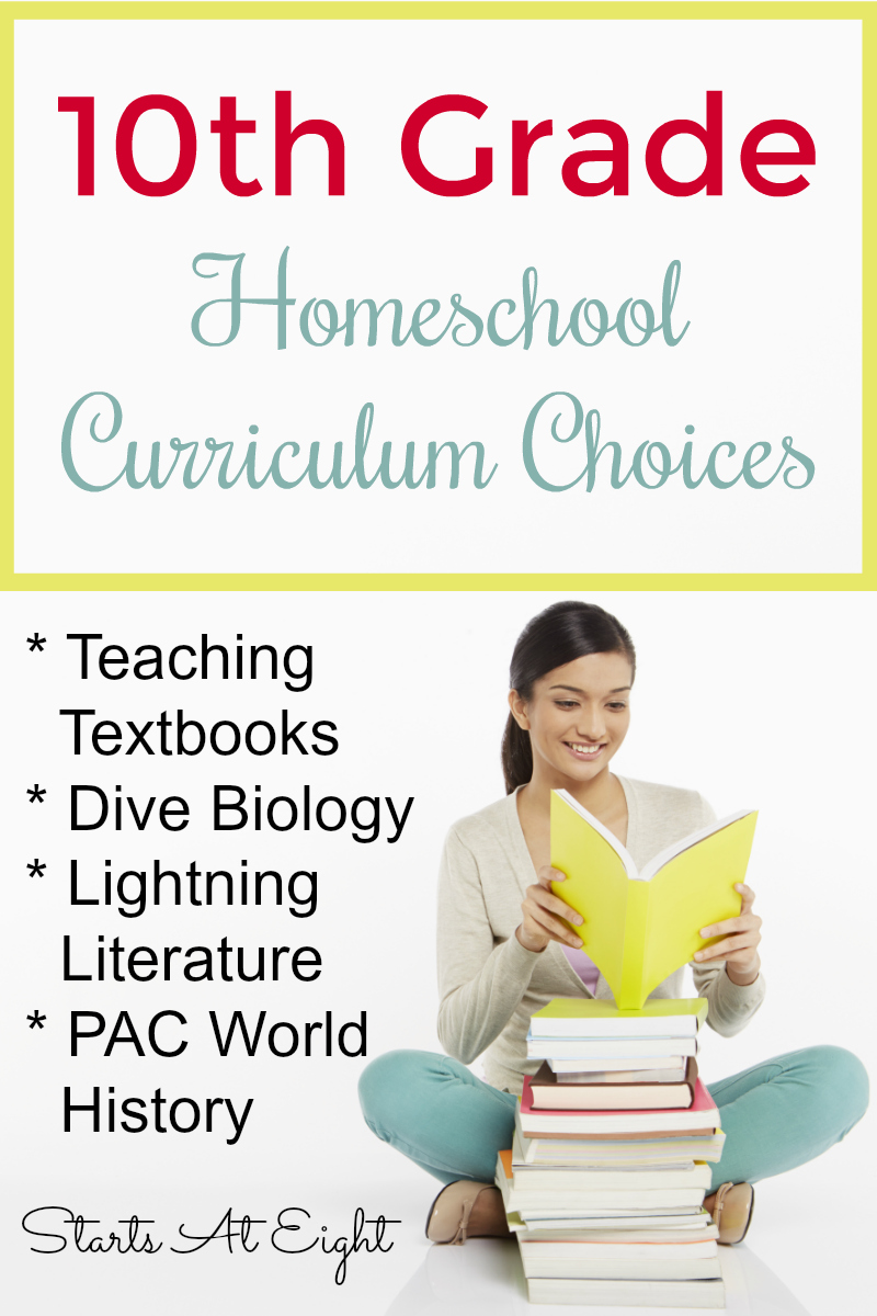 10th Grade Homeschool Curriculum Choices 2018- 2019 from Starts At Eight. These are our 10th Grade Homeschool Curriculum choice for our math loving, writing disliking teenage son. Everything is easy to implement, and not overly time consuming to keep him engaged and moving along! Includes things like Teaching Textbooks, Lightning Literature and Dive Science.