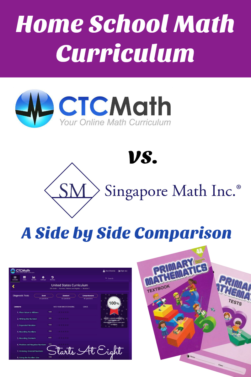 Home School Math Curriculum: CTCMath vs. Singapore Math from Starts At Eight is a comparison of the the two math programs including both similarities and differences and reasons why one or the other might be a good fit as your home school math curriculum.