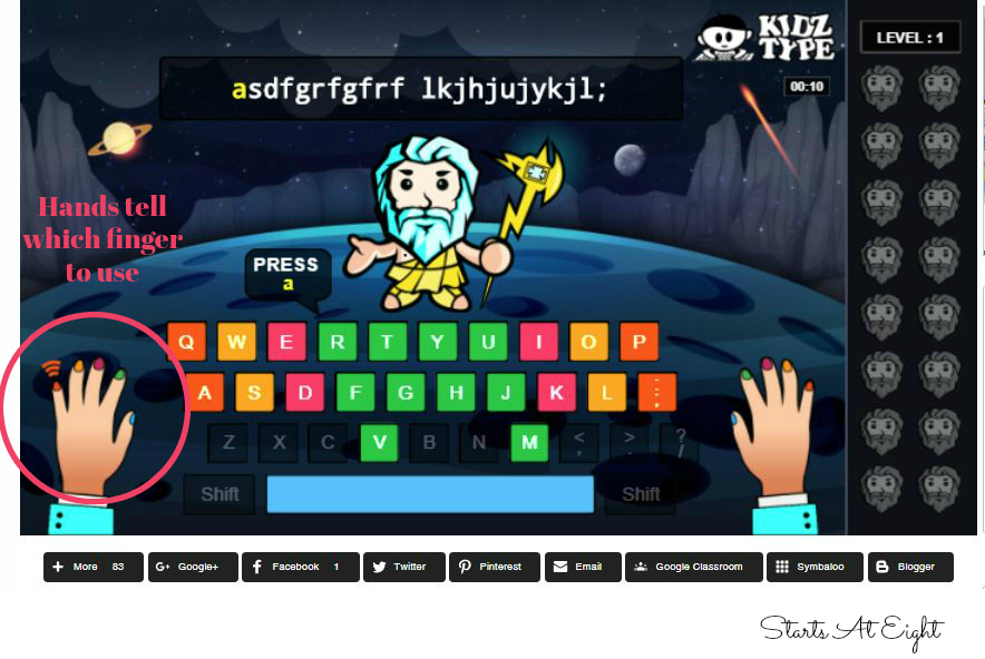 KidzType Typing Games make learning touch typing fun! This is a free site that uses a step by step process, fun cartoons, and games to help kids learn to type. Review by Heidi at Starts At Eight.