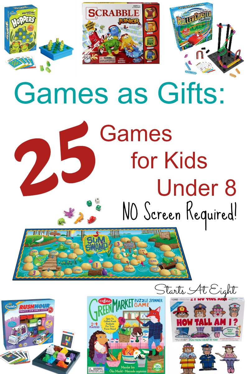 Games as Gifts: 25 Games for Kids Under 8 (NO Screens Required!) from Starts At Eight - birthdays, Easter baskets, Christmas and more! Games always make great gifts for kids. Get them off the screens and engaged in a fun game with friends and family!