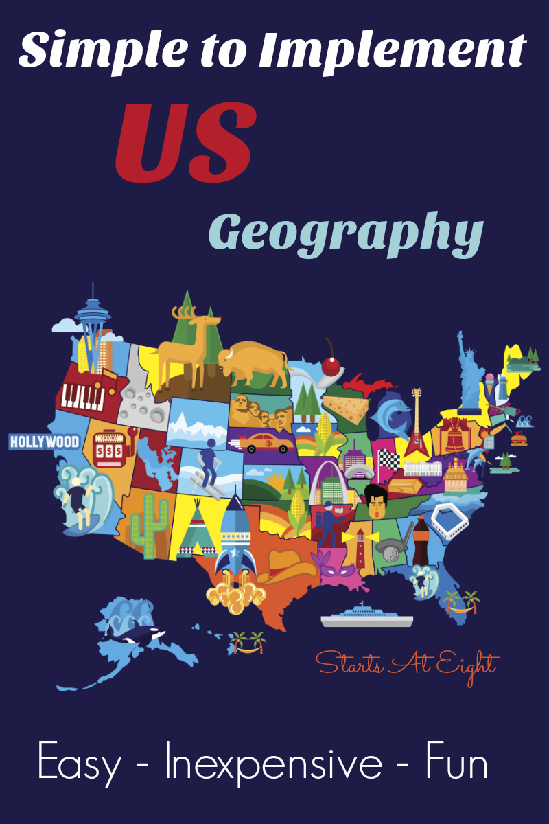 Simple to Implement US Geography from Starts At Eight. Geography doesn't have to be complicated or boring. Here are some tips to make it Simple to Implement US Geography in your homeschool. Using just a few resources you can make it fun and easy to learn US Geography.