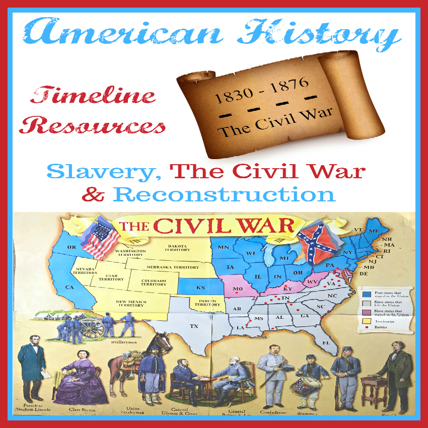 American History Timeline Resources: Slavery, The Civil War & Reconstruction includes resources, books, videos, and projects for studying this time period in American History. Travel the Underground Railroad, Map the battles of The Civil War, meet Abraham Lincoln and more.