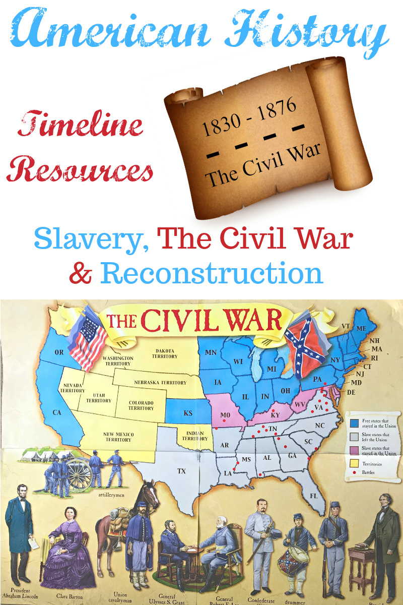 American History Timeline Resources: Slavery, The Civil War & Reconstruction includes resources, books, videos, and projects for studying this time period in American History. Travel the Underground Railroad, Map the battles of The Civil War, meet Abraham Lincoln and more.