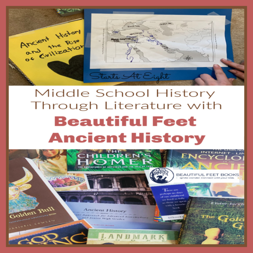 Middle School History Through Literature - A Beautiful Feet Ancient History Review from Starts At Eight. Beautiful Feet Literature guides offer an easy way for you to use great literature in your homeschool. Buy the guide and required literature and go! Check out this review for all the details.