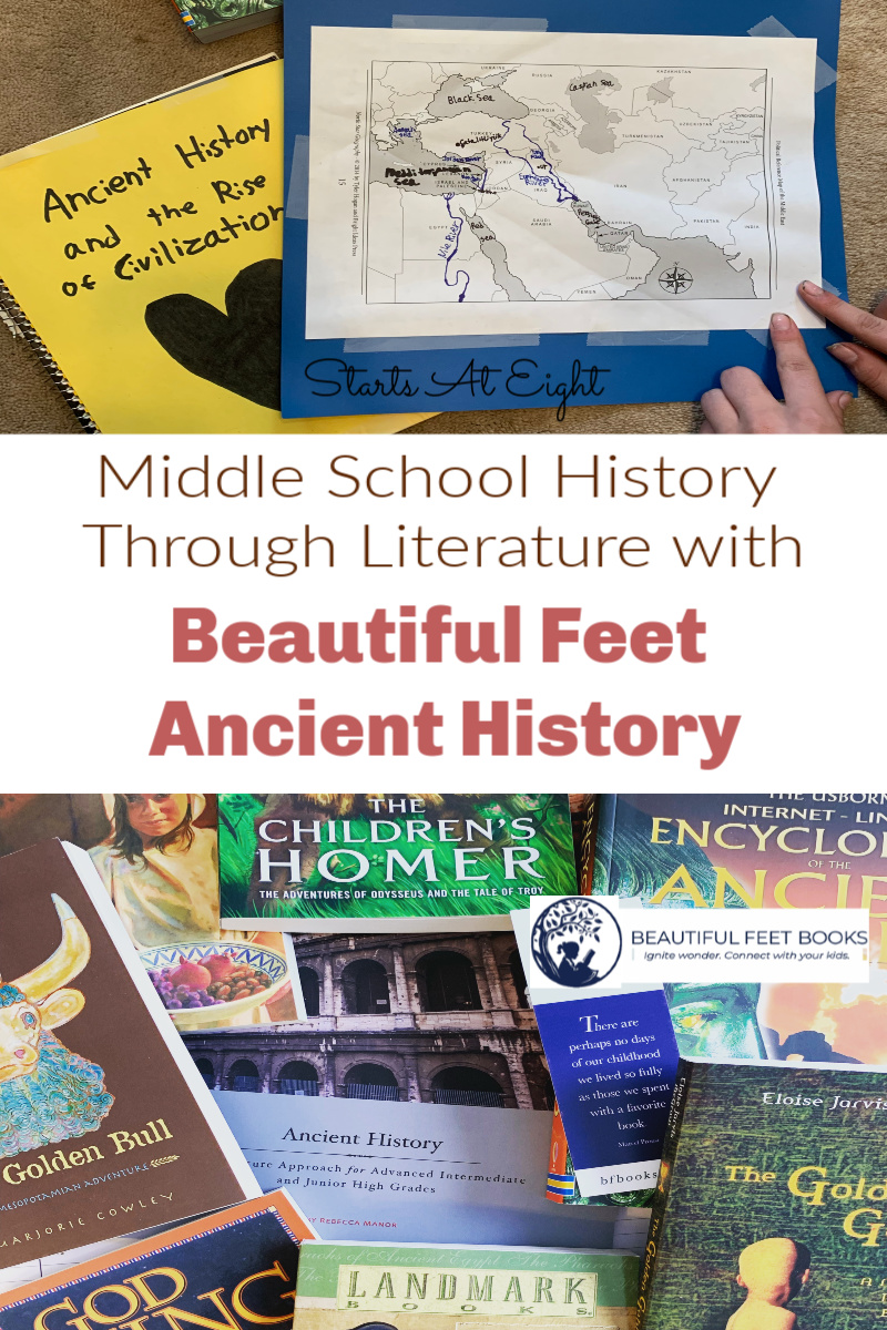 Middle School History Through Literature - A Beautiful Feet Ancient History Review from Starts At Eight. Beautiful Feet Literature guides offer an easy way for you to use great literature in your homeschool. Buy the guide and required literature and go! Check out this review for all the details.