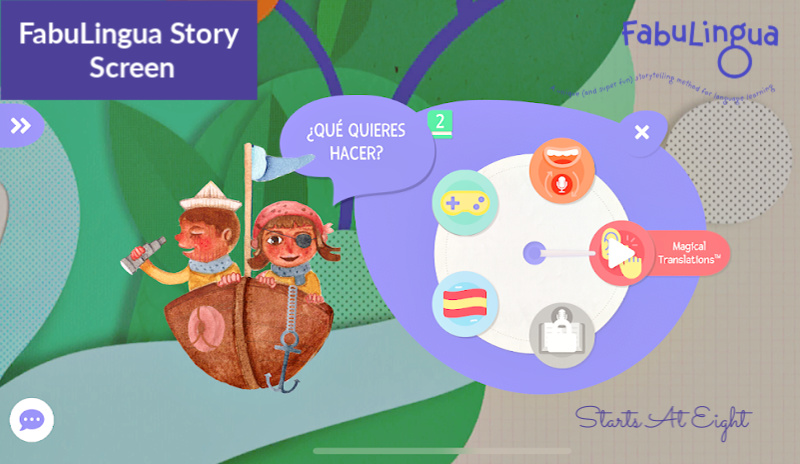 FabuLingua is a Spanish Language App that teaches kids Spanish via fun, interactive stories. Read along, play games, earn stickers, record yourself, & more! A Review from Starts At Eight