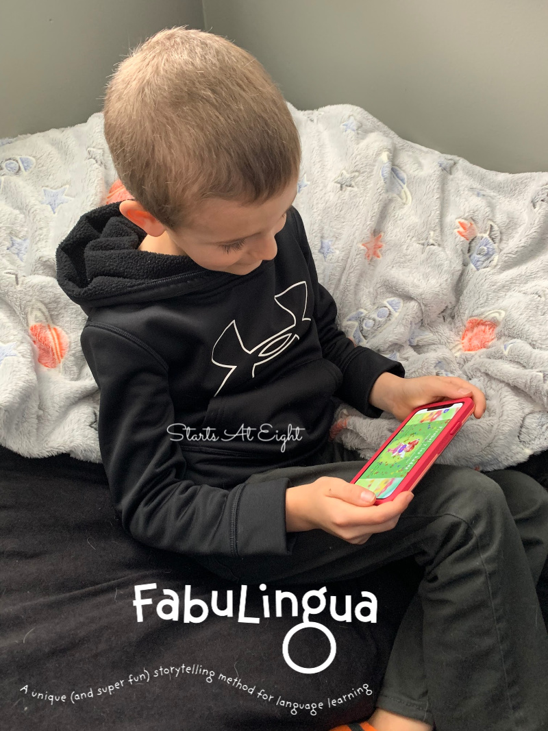 FabuLingua is a Spanish Language App that teaches kids Spanish via fun, interactive stories. Read along, play games, earn stickers, record yourself, & more! A Review from Starts At Eight