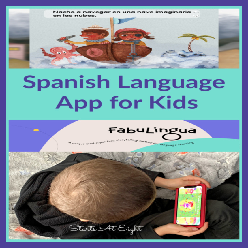 FabuLingua is a Spanish Language App that teaches kids Spanish via fun, interactive stories. Read along, play games, earn stickers, record yourself, & more! A Review from Starts At Eight