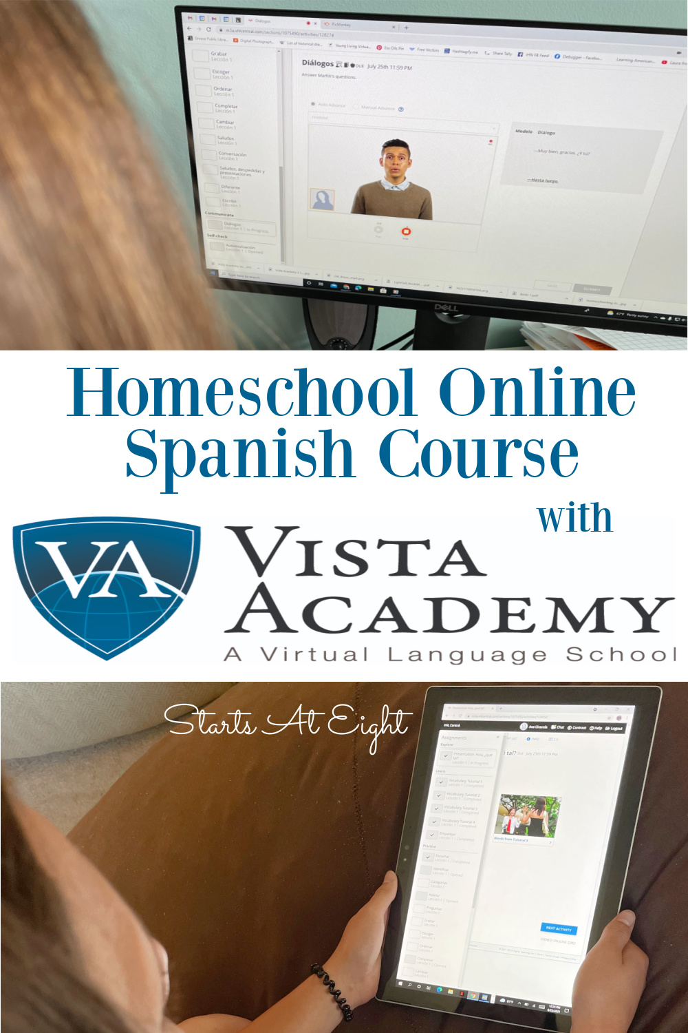 Homeschool Online Spanish Course with Vista Academy introduces vocabulary and grammar while simultaneously developing a students listening, reading, writing, and speaking skills.  A review from Starts At Eight.