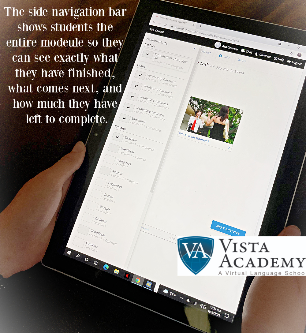 In the Vista Academy inaugural fall 2021 Spanish course for homeschooling students the side navigation bar shows students the entire module so they can see exactly what they have finished, what comes next, and how much they have left to complete.