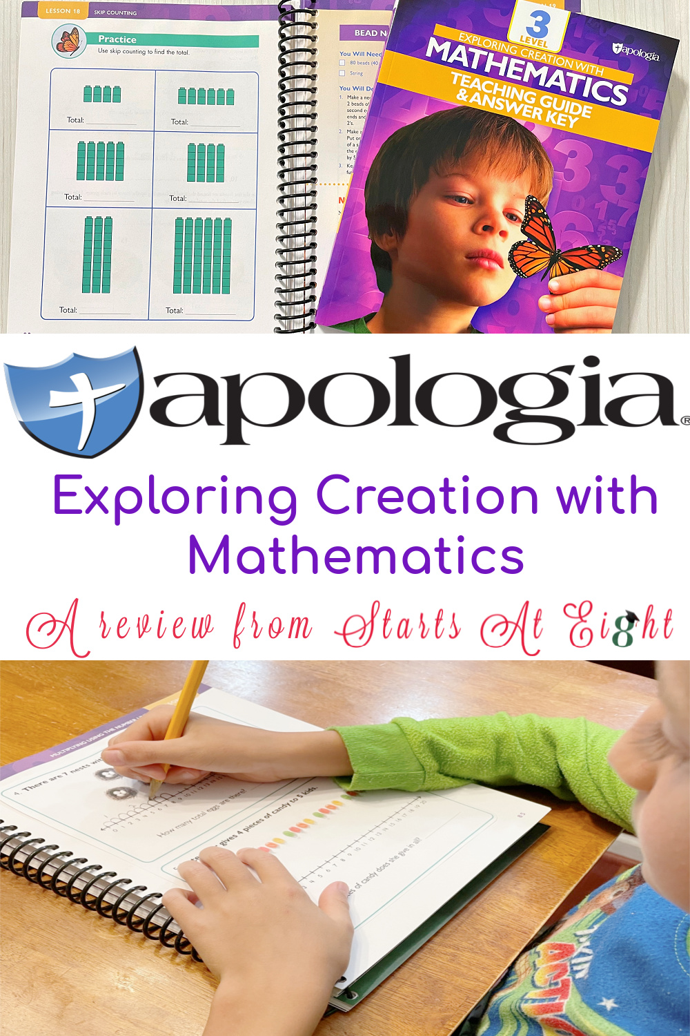 Apologia Elementary Homeschool Math Curriculum - Exploring Creation with Mathematics is for grades 1-6 and is designed to build a strong foundation of familiarity with numbers as children learn how to manipulate numbers with addition, subtraction, multiplication, and division. A review from Starts At Eight