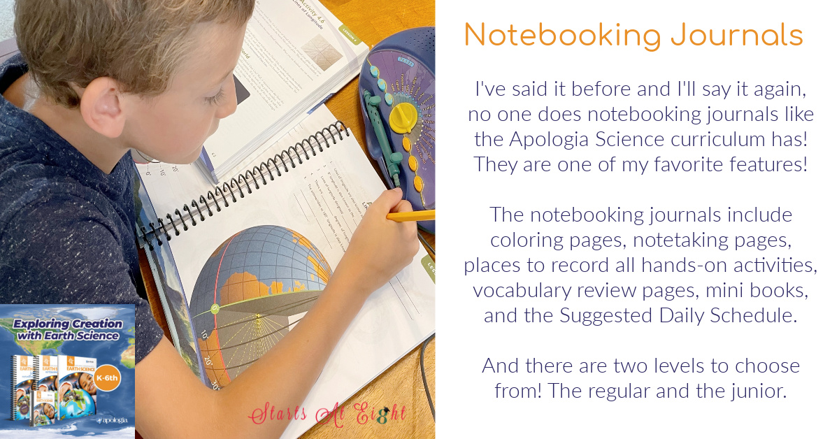 Apologia Exploring Creation with Earth Science is a Charlotte Mason based homeschool science curriculum for kids in grades K-6. With suggested schedules, lots of hands-on activities and accompanying notebooks, its fun and easy to use! A review from Starts At Eight.