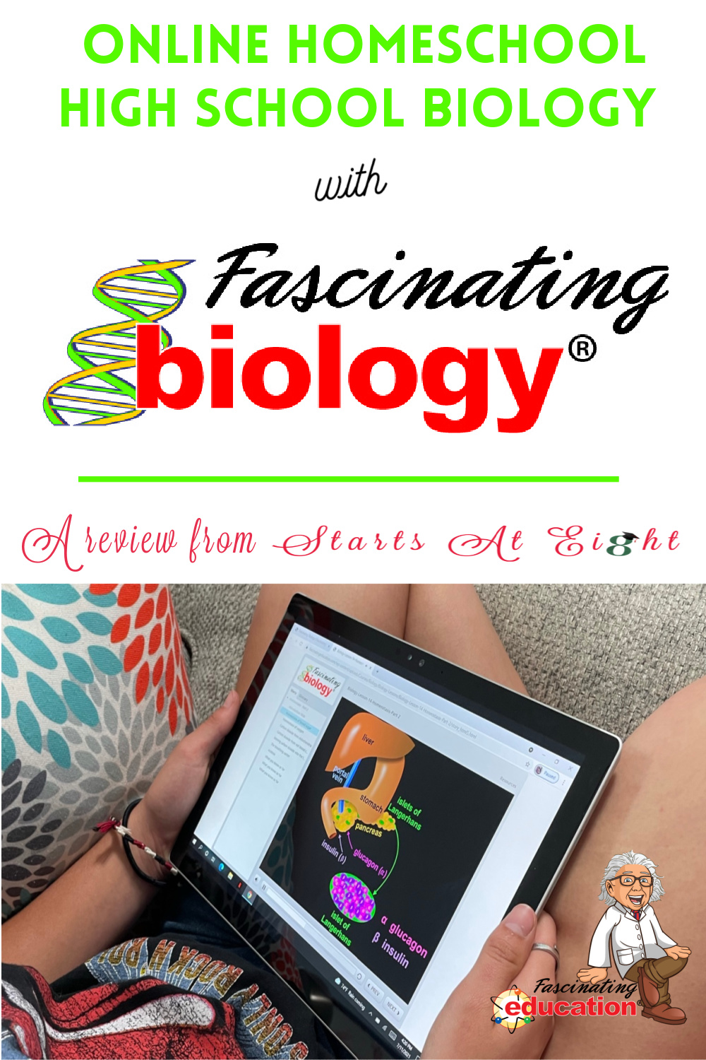 Online Homeschool High School Biology with Fascinating Education flips the teaching process by approaching science through the "right-hemisphere" of the brain. Using simple, colorful illustrations, supplemented with attached audio files to teach high school biology concepts. A review from Starts At Eight 