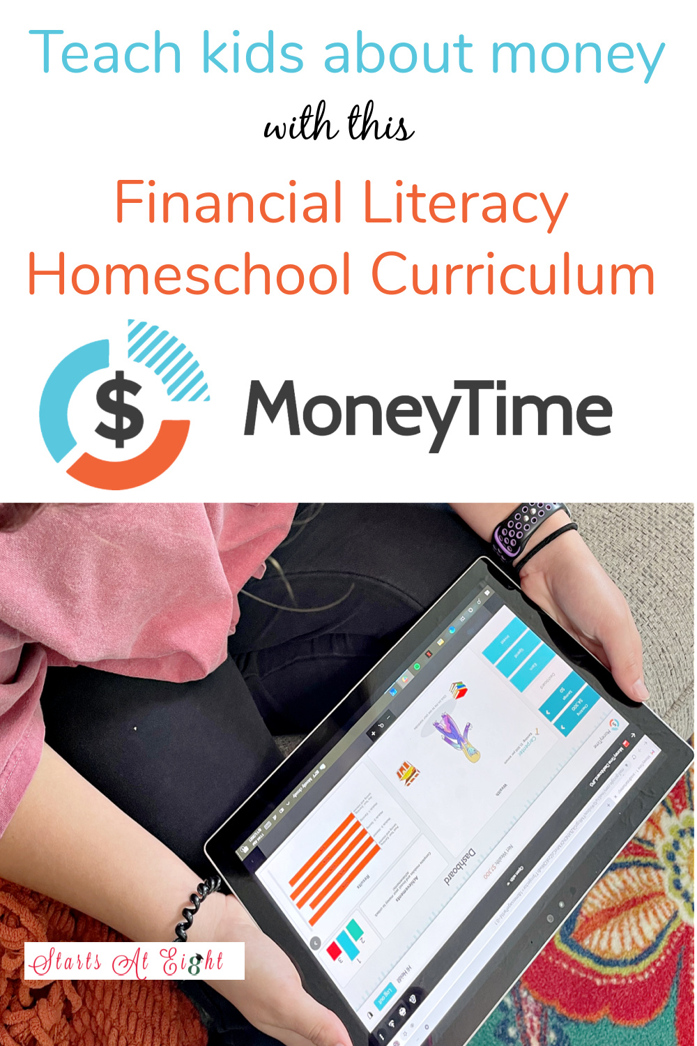 Teach Kids About Money with the MoneyTime, the online gamified Financial Literacy Homeschool Curriculum for kids ages 10-14. A review from Starts At Eight.