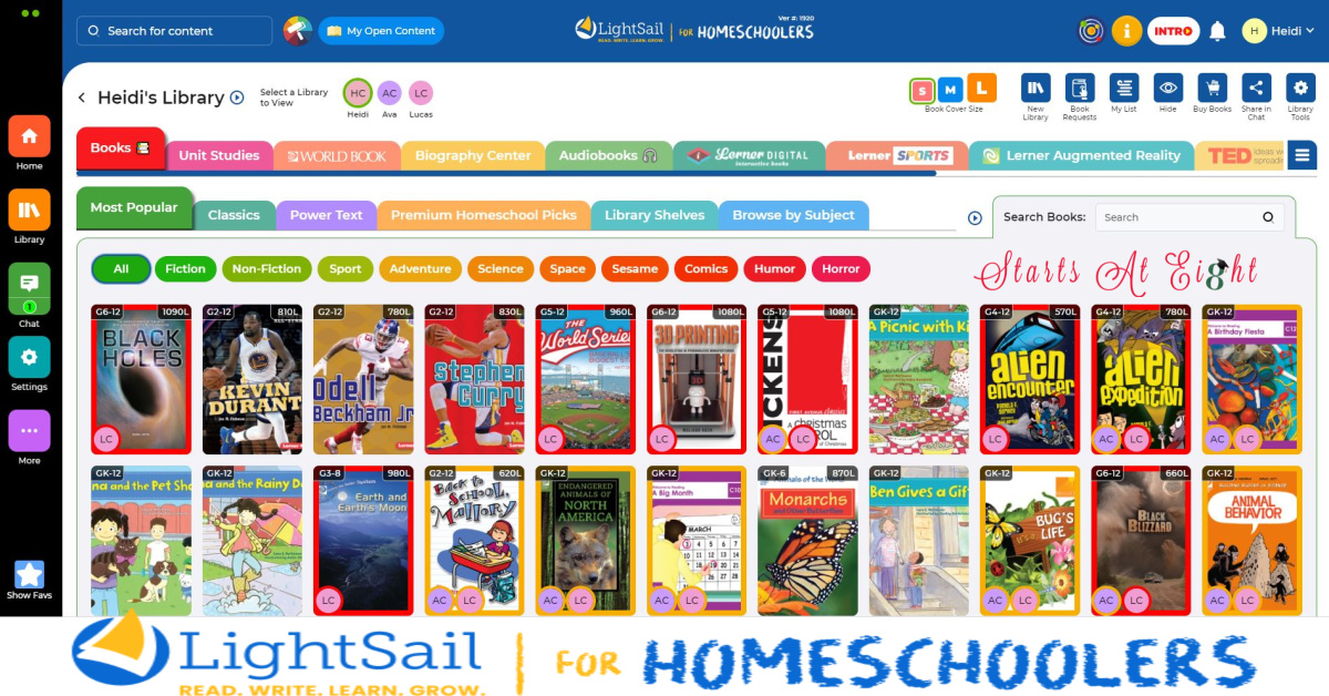 Lightsail for Homeschoolers is an online language arts program for preK-12 that advances skills in reading, writing, vocabulary and fluency.