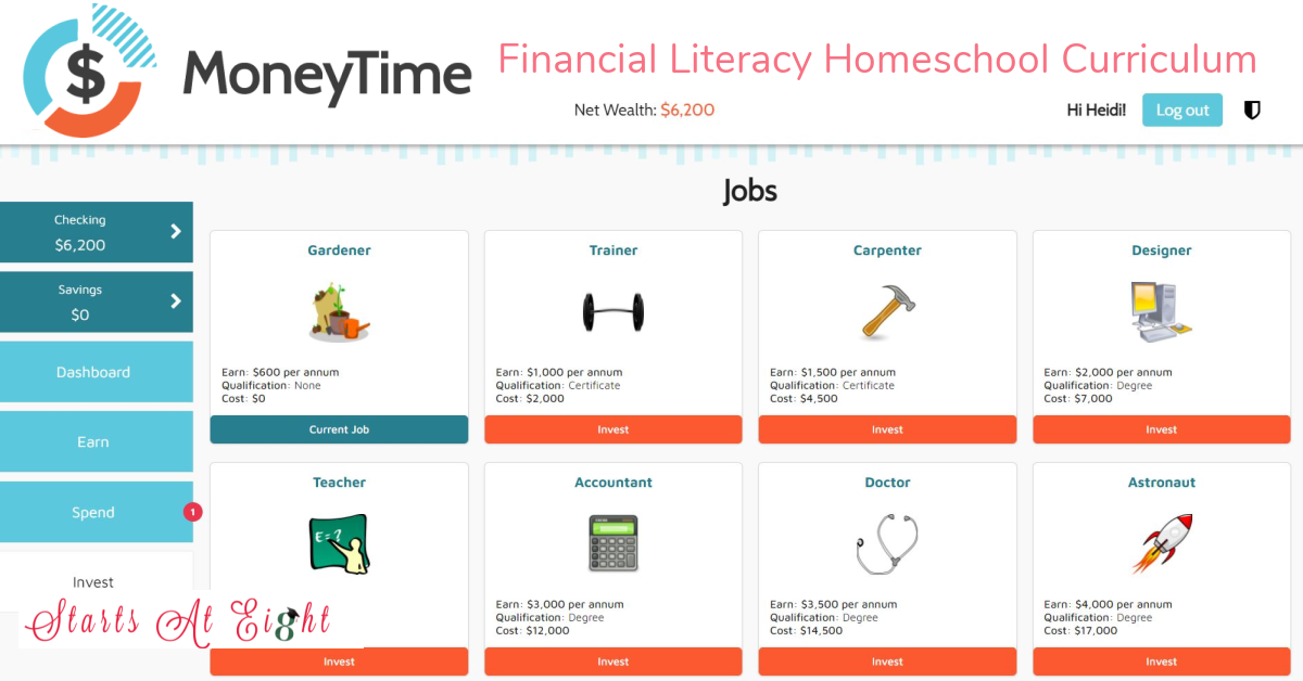 Teach Kids About Money with the MoneyTime, the online gamified Financial Literacy Homeschool Curriculum for kids ages 10-14.