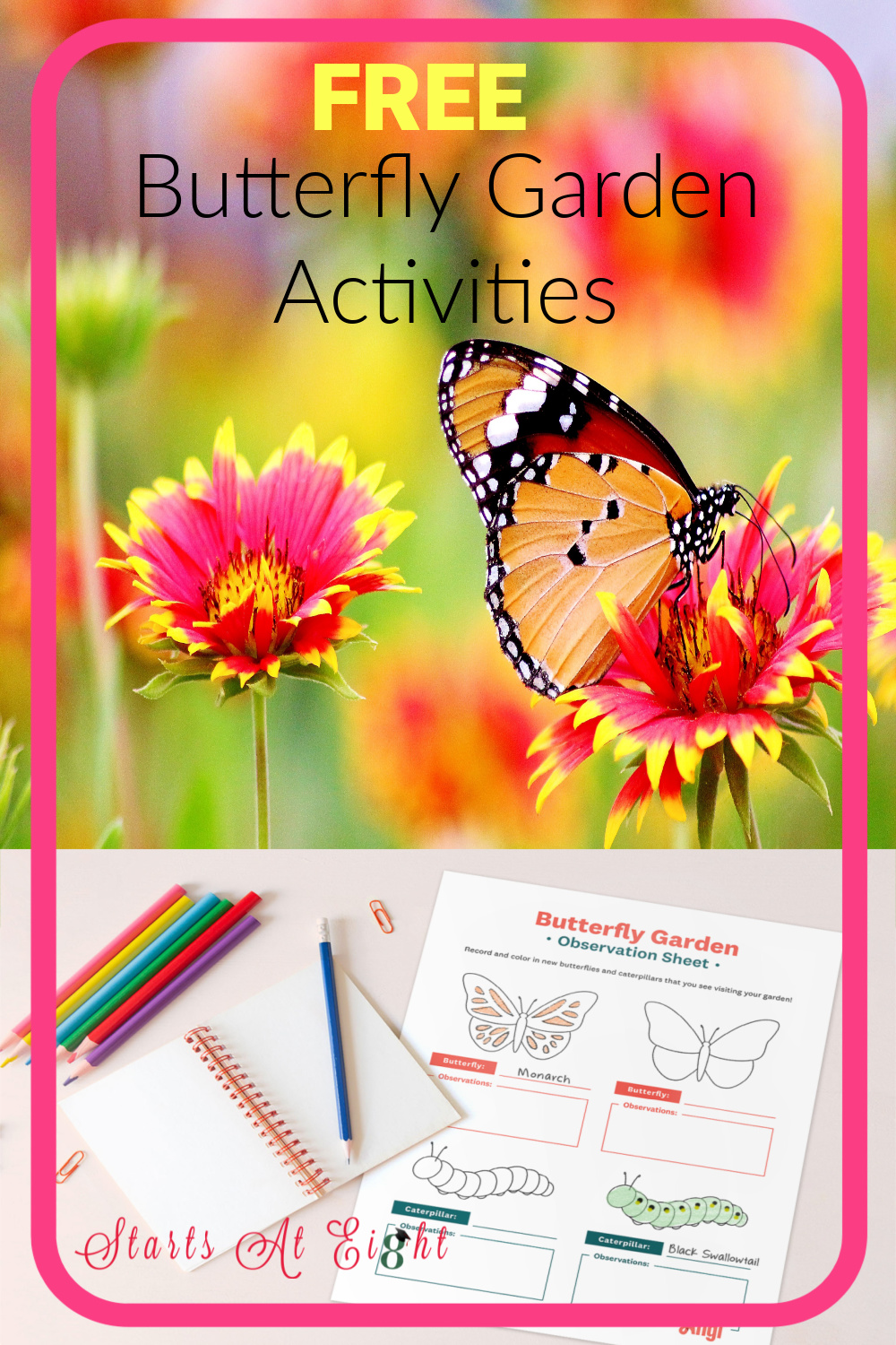 FREE Butterfly Garden Activities for Families includes free printables and fun ideas to take your learning outdoors! Create a butterfly garden, learn about their life cycle and more!