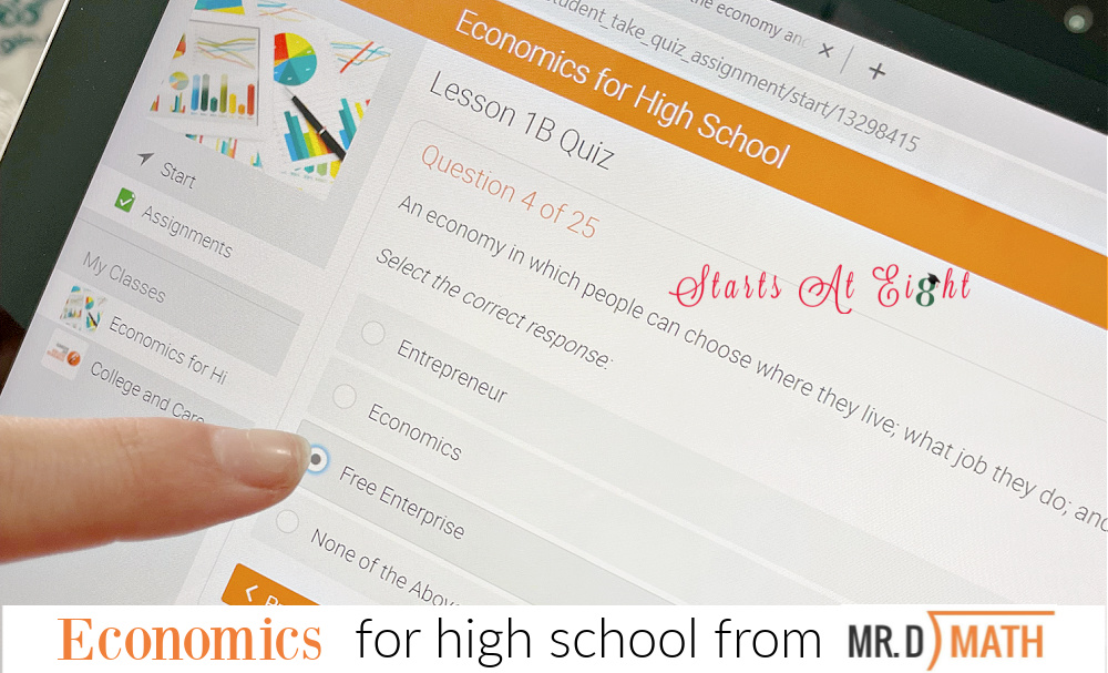 Economics for High School from Mr. D Math is a half credit, online, self-paced course for homeschool high schoolers. A review from Starts At Eight