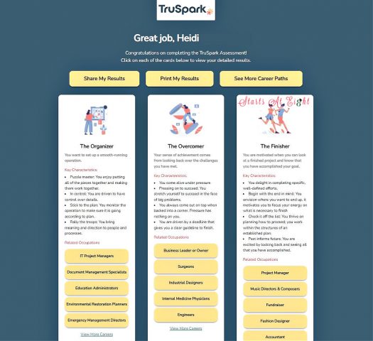 TruSpark Career Assessment assists teens in finding their 3 core motivations, helping them understand what drives them and how that relates to finding a career. A review from Starts At Eight.