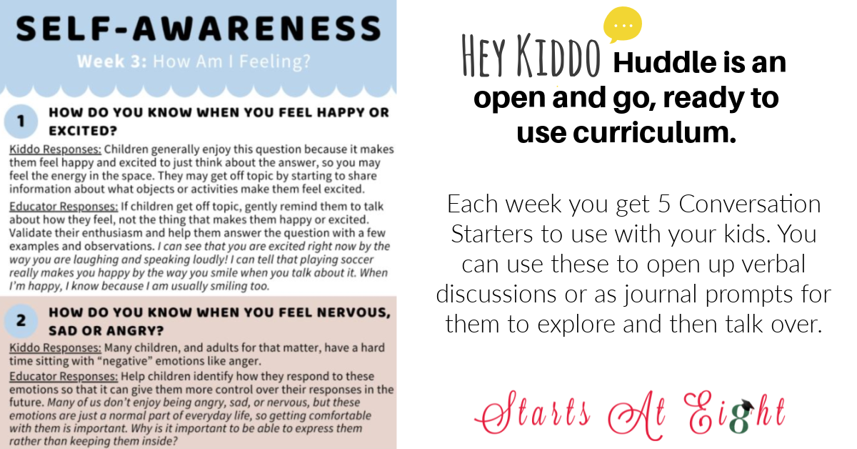 HeyKiddo Huddle is a comprehensive social-emotional curriculum for homeschooling parents that provides quick, easy-to-implement ideas for addressing big feelings with kids (ages 5-12)