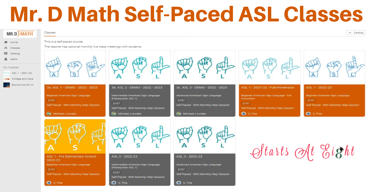 Self-Paced ASL Courses for Homeschoolers with Mr. D Math. Online, video based, in every level from elementary to ASL 3. A review from Starts At Eight