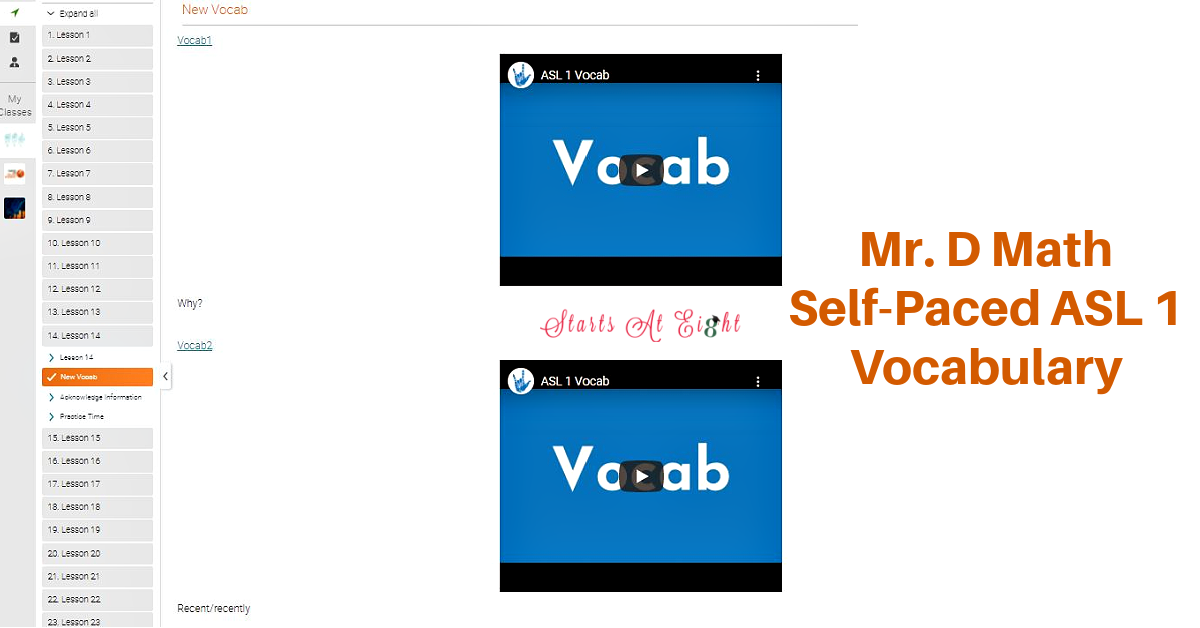 Self-Paced ASL Courses for Homeschoolers with Mr. D Math. Online, video based, in every level from elementary to ASL 3. A review from Starts At Eight
