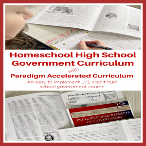 Paradigm Accelerated Curriculum's 1/2 credit Homeschool High School Government Curriculum includes text, student workbook, and quizzes/tests making it easy to implement in your homeschool. A review from Starts At Eight