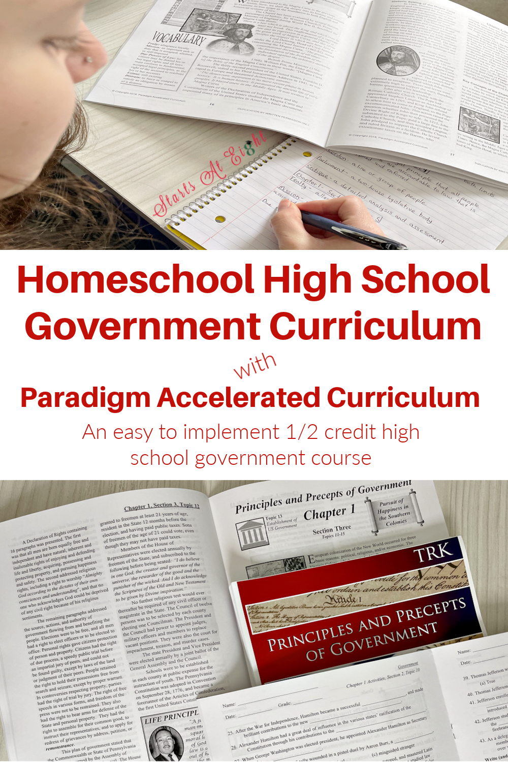 Paradigm Accelerated Curriculum's 1/2 credit Homeschool High School Government Curriculum includes text, student workbook, and quizzes/tests making it easy to implement in your homeschool. A review from Starts At Eight