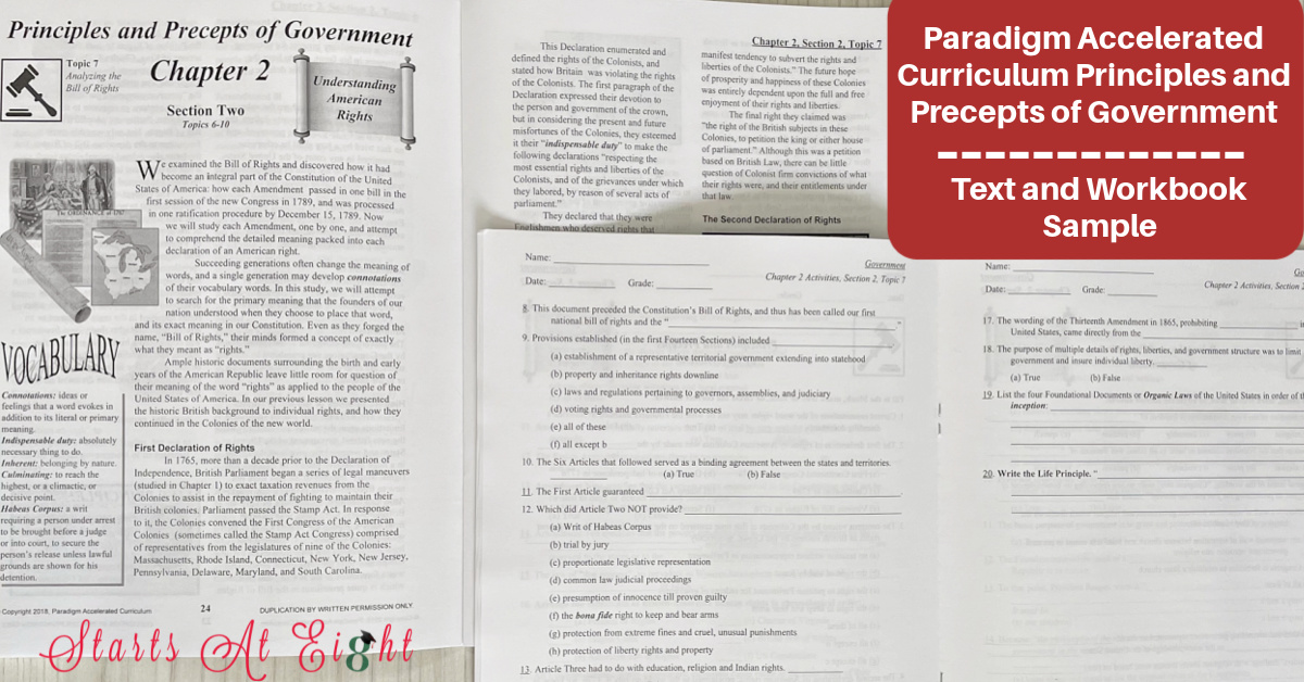 Paradigm Accelerated Curriculum's 1/2 credit Homeschool High School Government Curriculum includes text, student workbook, and quizzes/tests making it easy to implement in your homeschool. A review from Starts At Eight