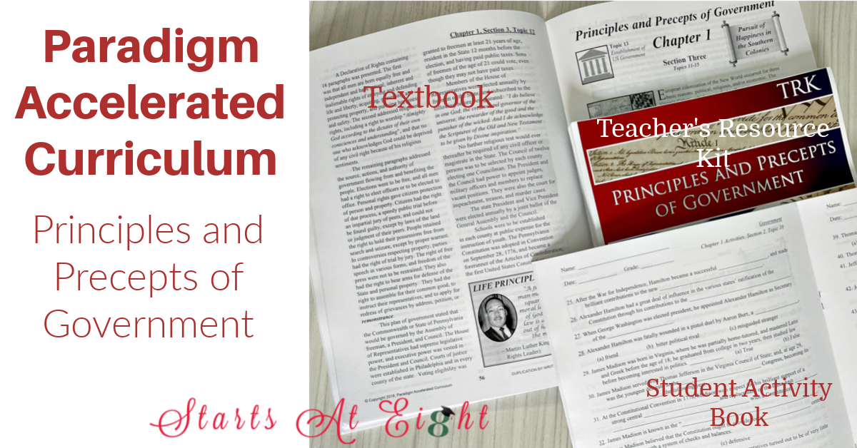 Paradigm Accelerated Curriculum's 1/2 credit Homeschool High School Government Curriculum includes text, student workbook, and quizzes/tests making it easy to implement in your homeschool. A review from Starts At Eight