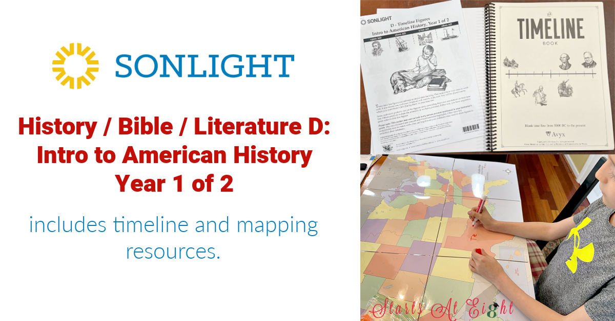 Sonlight's History / Bible / Literature D: Intro to American History, Year 1 of 2 is includes timeline and mapping resources.