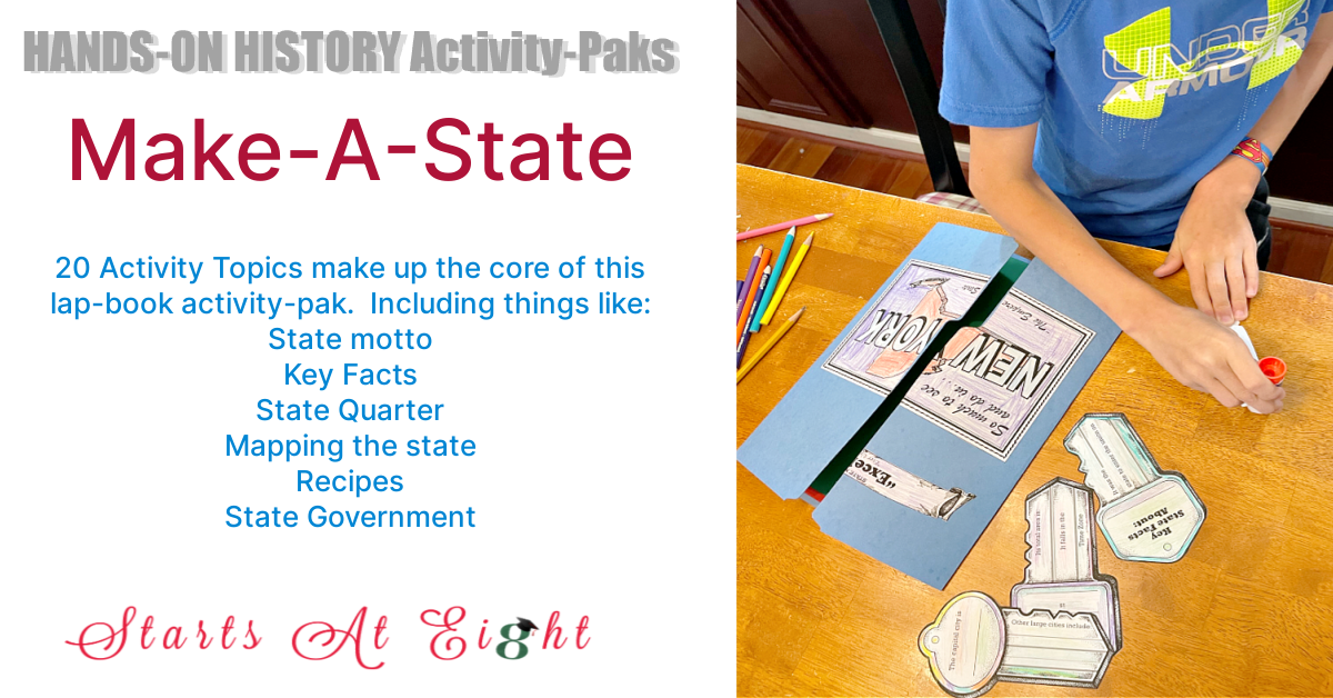 Hands-On History with Make-A-State Activity Pak from Home School in the Woods is an affordable and easy way to learn about the 50 states, making a lap-book for each one! A review from Starts At Eight