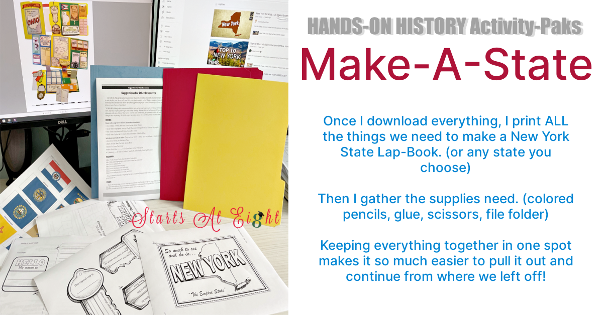Hands-On History with Make-A-State Activity Pak from Home School in the Woods is an affordable and easy way to learn about the 50 states, making a lap-book for each one! A review from Starts At Eight