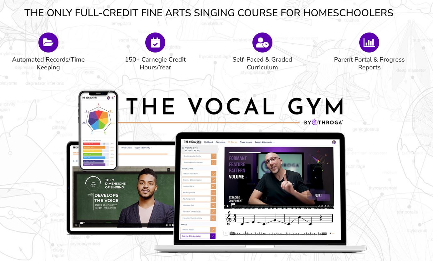 The Vocal Gym for Homeschool is a self-paced course for high schoolers who enjoy singing with lessons that adapt to their level.