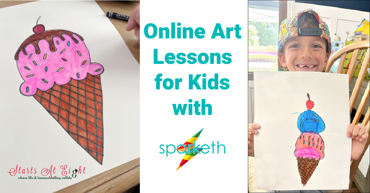 Sparketh offers a variety of online art lessons for kids. From beginner to advanced as well as many types of mediums. (drawing, painting, colored pencils, etc.)