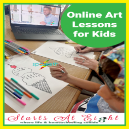 Sparketh offers a variety of online art lessons for kids. From beginner to advanced as well as many types of mediums. (drawing, painting, colored pencils, etc.)