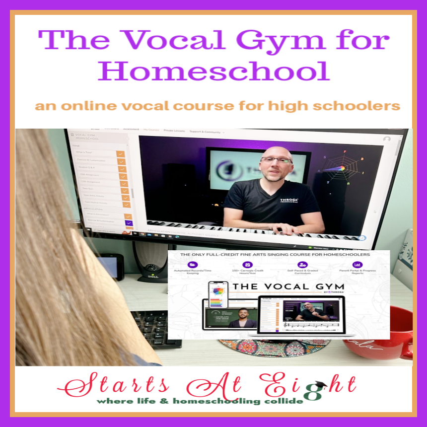 The Vocal Gym for Homeschool is a self-paced course for high schoolers who enjoy singing with lessons that adapt to their level.